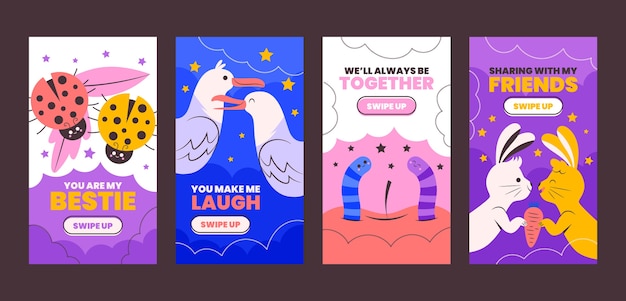 Collezione di storie di instagram per la giornata dell'amicizia piatta
