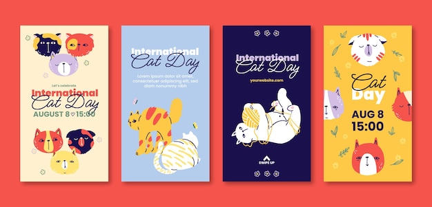 Collezione di storie di instagram per la giornata internazionale del gatto piatto