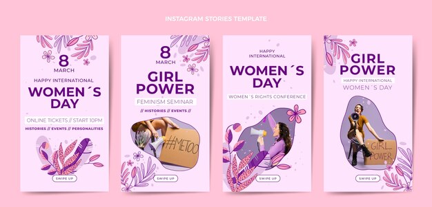 Collezione di storie di instagram per la giornata internazionale della donna disegnata a mano