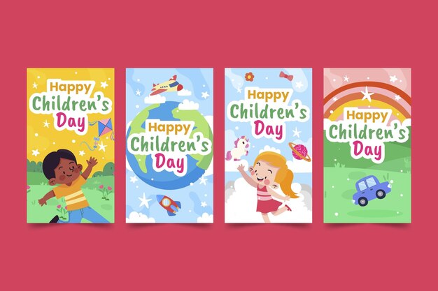 Collezione di storie di instagram per la giornata mondiale dei bambini disegnata a mano