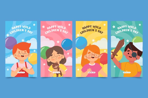 Collezione di storie di instagram per la giornata mondiale dei bambini disegnata a mano