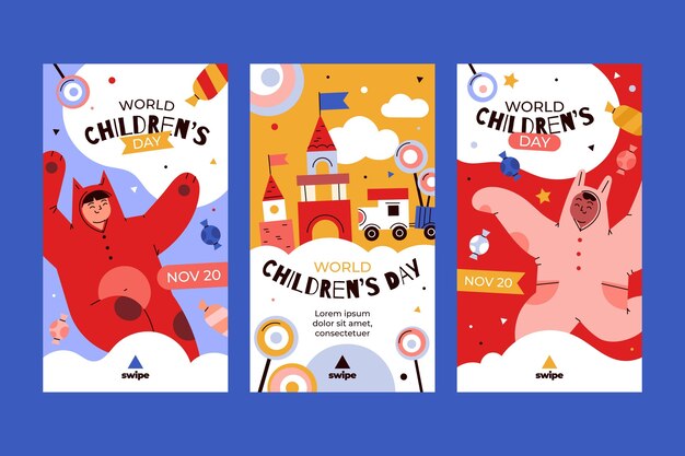 Collezione di storie di instagram per la giornata mondiale dei bambini disegnata a mano