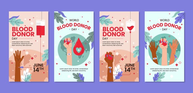 Collezione di storie di instagram per la giornata mondiale del donatore di sangue piatto