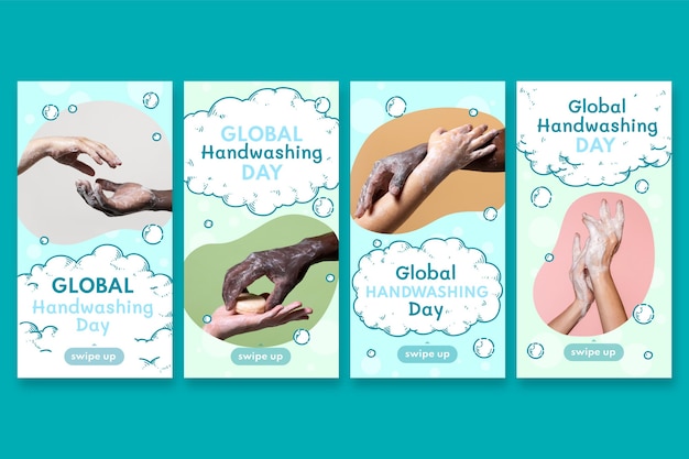 Collezione di storie di instagram per la giornata mondiale del lavaggio delle mani disegnata a mano
