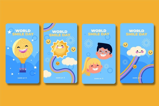 Collezione di storie di instagram per la giornata mondiale del sorriso piatto disegnata a mano