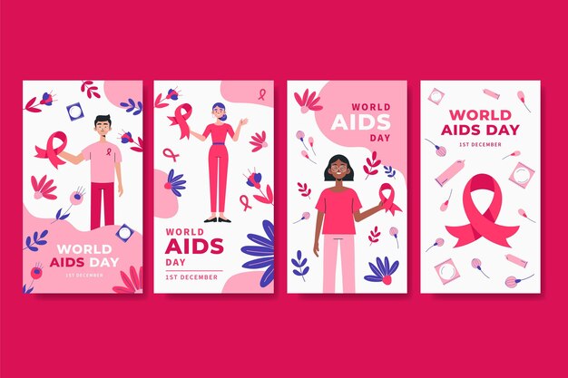 Collezione di storie di instagram per la giornata mondiale dell'AIDS piatta disegnata a mano