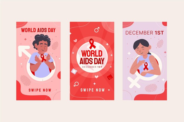 Collezione di storie di instagram per la giornata mondiale dell'AIDS piatta disegnata a mano