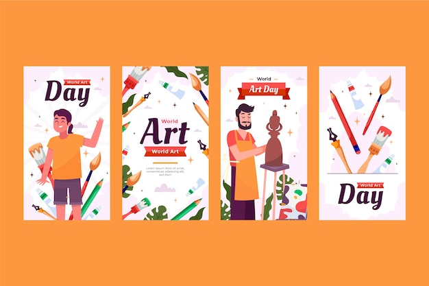 Collezione di storie di instagram per la giornata mondiale dell'arte piatta