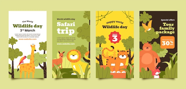 Collezione di storie di instagram per la giornata mondiale della fauna selvatica piatta con fauna e flora