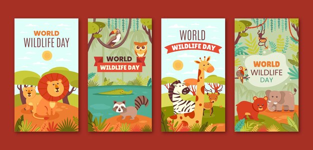 Collezione di storie di instagram per la giornata mondiale della fauna selvatica piatta con fauna e flora