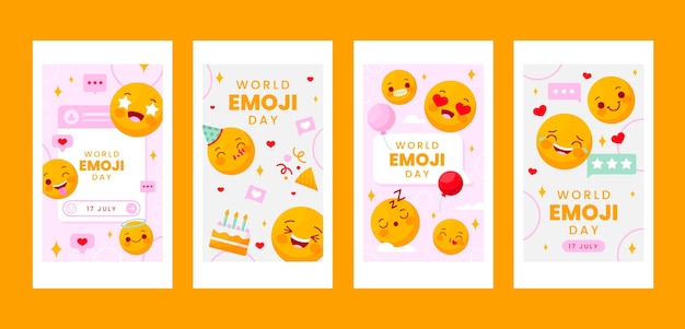 Collezione di storie di instagram per la giornata mondiale delle emoji piatte con emoticon