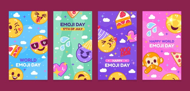 Collezione di storie di instagram per la giornata mondiale delle emoji piatte con emoticon