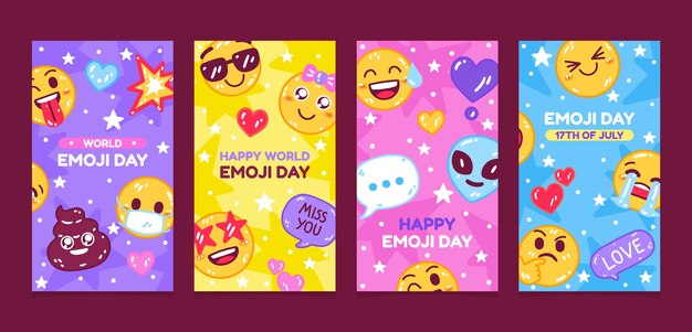 Collezione di storie di instagram per la giornata mondiale delle emoji piatte con emoticon