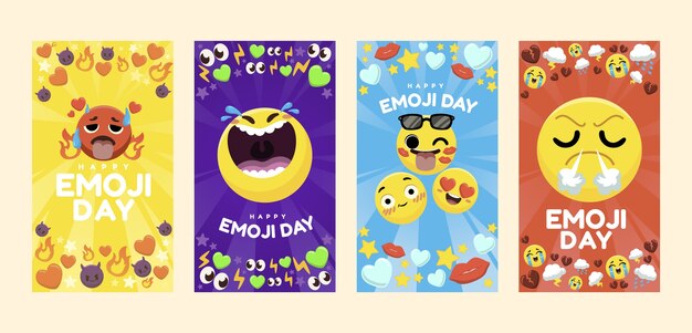 Collezione di storie di instagram per la giornata mondiale delle emoji piatte