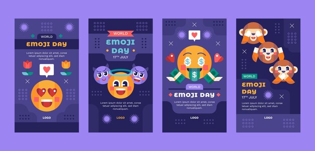 Collezione di storie di instagram per la giornata mondiale delle emoji piatte