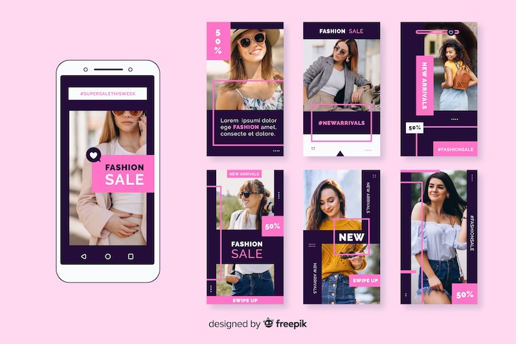 Vettore gratuito collezione di storie di instagram per la vendita di moda