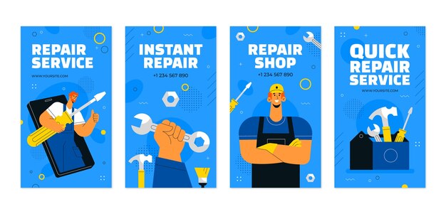 Collezione di storie di instagram per officine di riparazione piatte