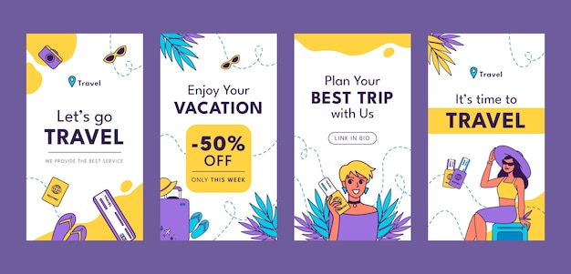 Collezione di storie di instagram piatte per agenzia di viaggi