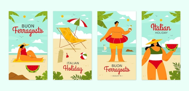 Collezione di storie di instagram piatte per la celebrazione di Ferragosto