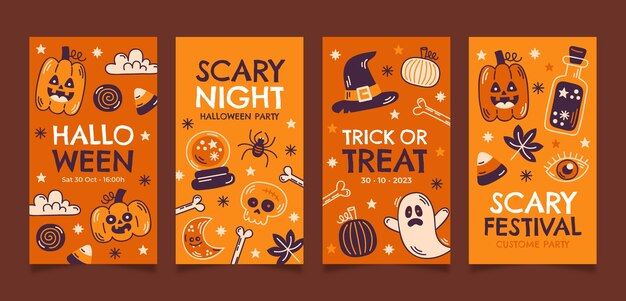 Collezione di storie di instagram vintage disegnate a mano di Halloween