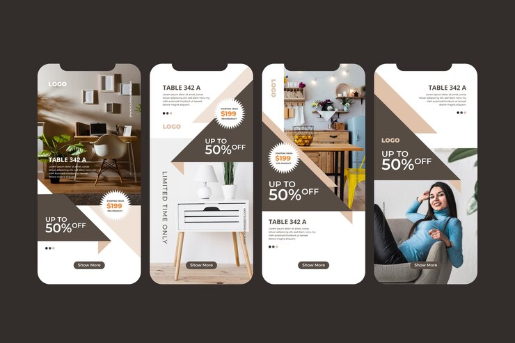 Vettore gratuito collezione di storie di vendita di mobili con foto