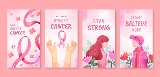 Collezione di storie in acquerello su Instagram per il mese della consapevolezza del cancro al seno
