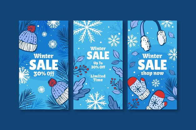 Collezione di storie instagram di vendita invernale disegnata a mano