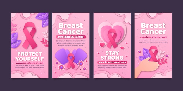 Collezione di storie Instagram in stile cartaceo per il mese della consapevolezza del cancro al seno