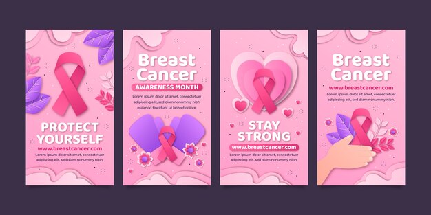 Collezione di storie Instagram in stile cartaceo per il mese della consapevolezza del cancro al seno