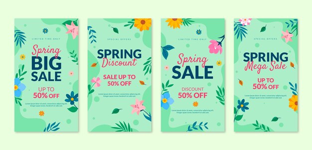 Collezione di storie instagram primaverili floreali piatte