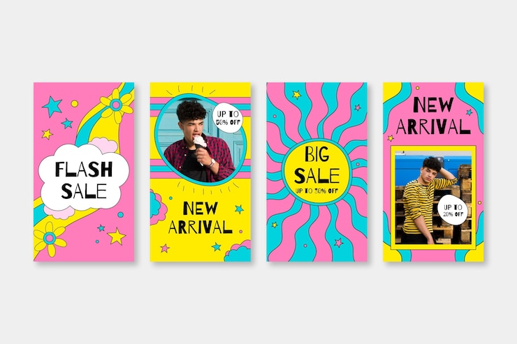 Vettore gratuito collezione di storie instagram vendita groovy disegnata a mano