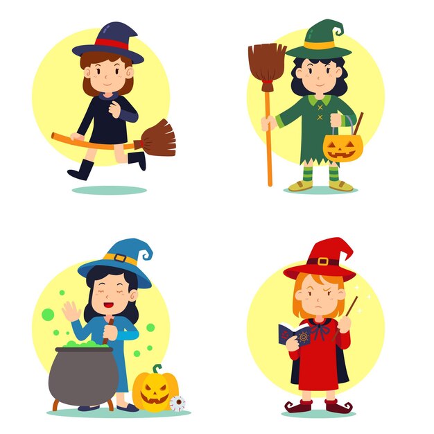 Collezione di streghe di halloween piatte disegnate a mano