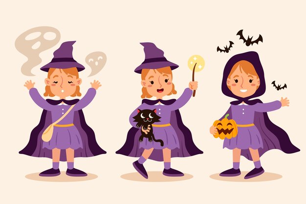 Collezione di streghe di halloween piatte disegnate a mano