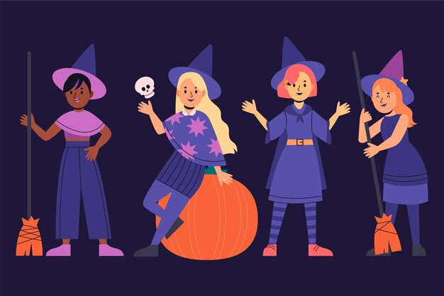 Collezione di streghe di halloween piatte disegnate a mano