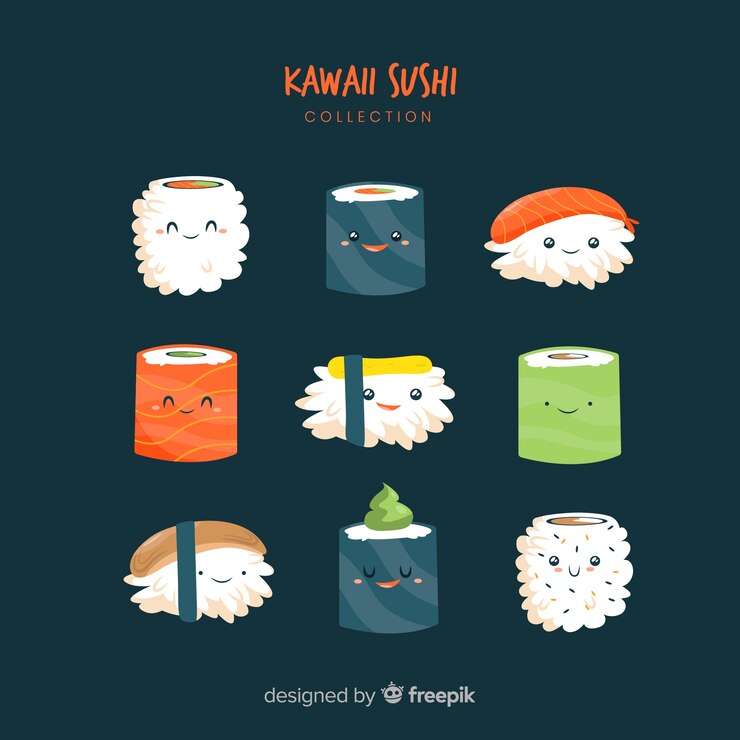 Vettore gratuito collezione di sushi adorabile disegnato a mano