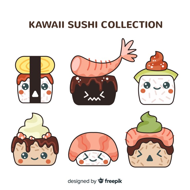 Vettore gratuito collezione di sushi kawaii disegnata a mano