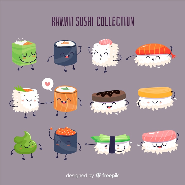 Vettore gratuito collezione di sushi kawaii