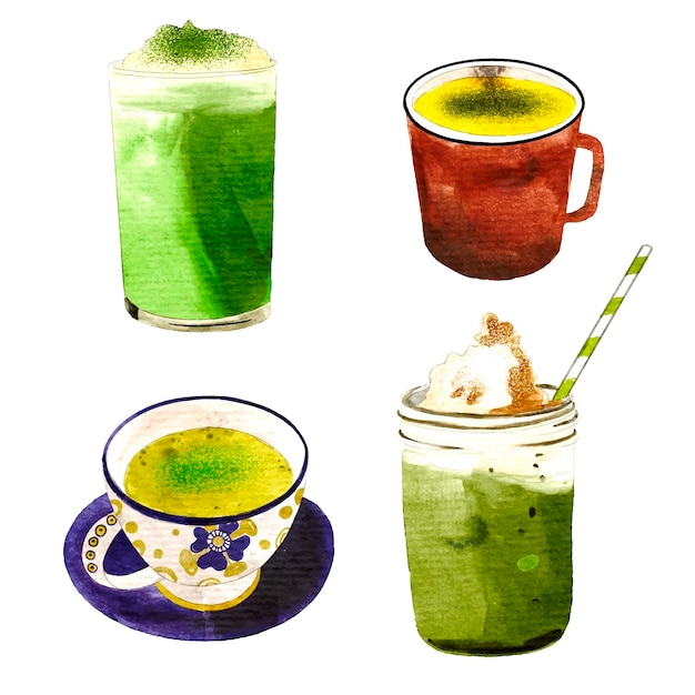 Collezione di tè Matcha disegnata a mano