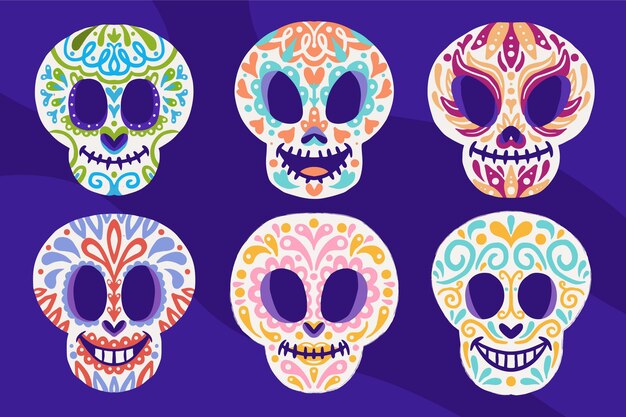 Collezione di teschi dia de muertos disegnati a mano