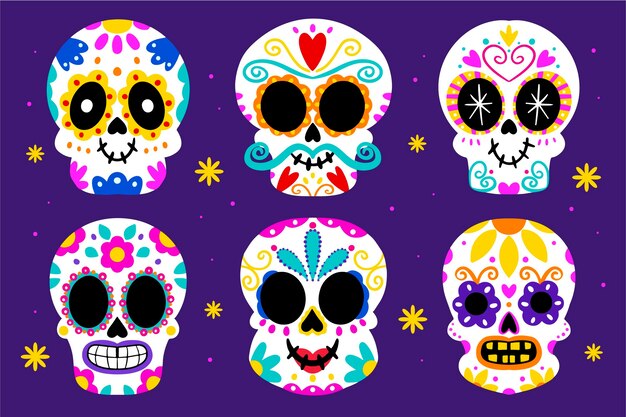 Collezione di teschi dia de muertos disegnati a mano