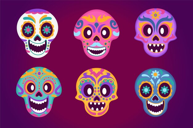 Collezione di teschi dia de muertos piatti disegnati a mano