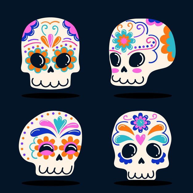 Collezione di teschi dia de muertos piatti disegnati a mano