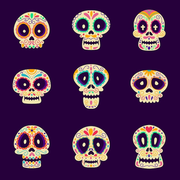 Collezione di teschi dia de muertos piatti disegnati a mano