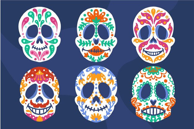 Collezione di teschi dia de muertos piatti disegnati a mano