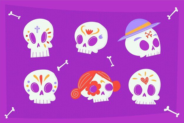 Collezione di teschi dia de muertos piatti disegnati a mano