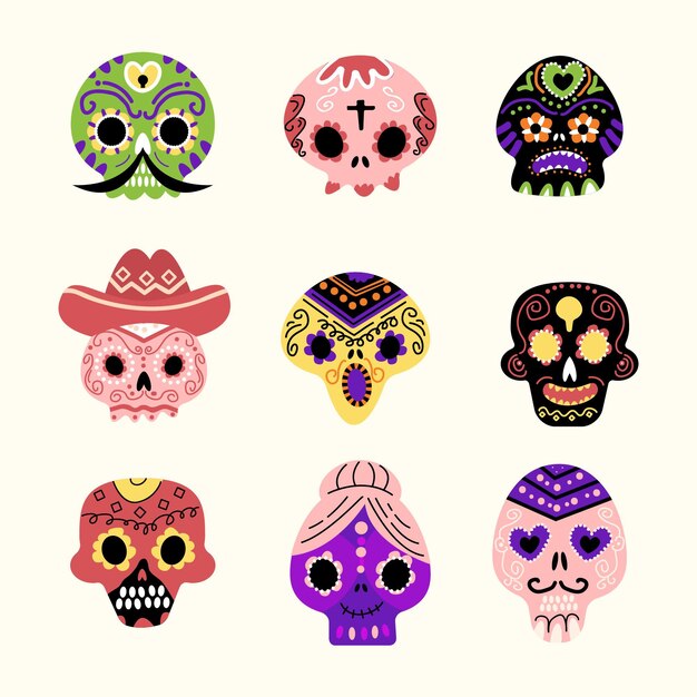 Collezione di teschi dia de muertos piatti disegnati a mano