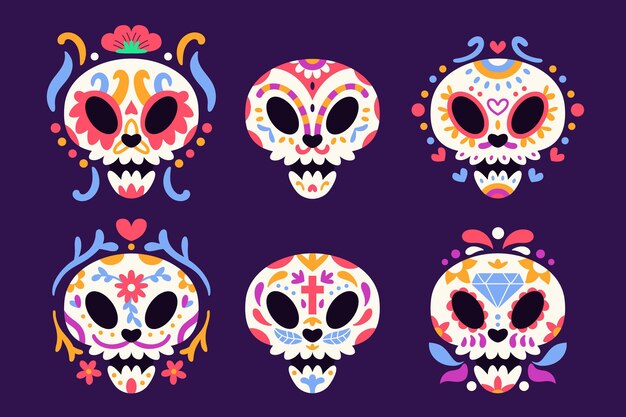 Collezione di teschi dia de muertos piatti disegnati a mano
