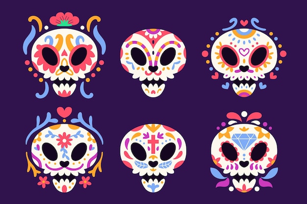 Collezione di teschi dia de muertos piatti disegnati a mano