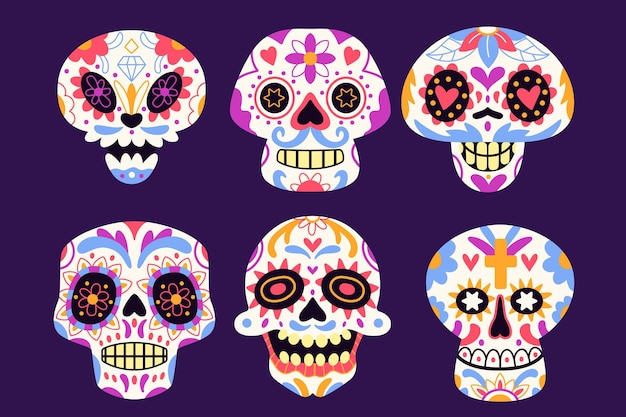 Collezione di teschi dia de muertos piatti disegnati a mano