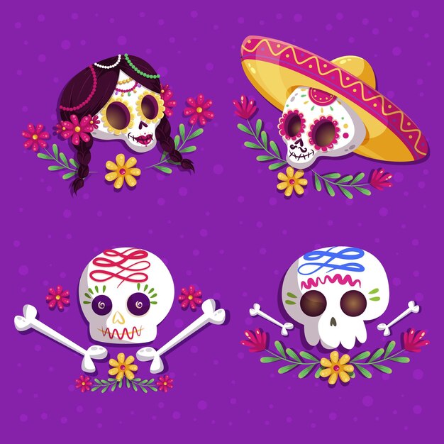 Collezione di teschi piatti dia de muertos